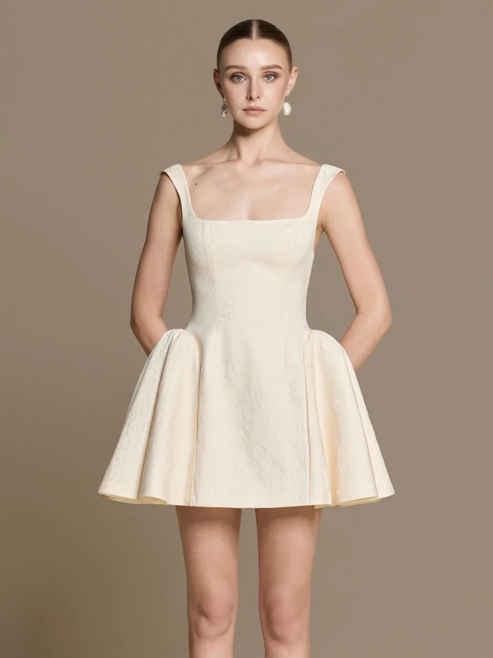 Huong Boutique Petal Brocade Dress - Cream Square-Neck Fit & Flare Mini Dress